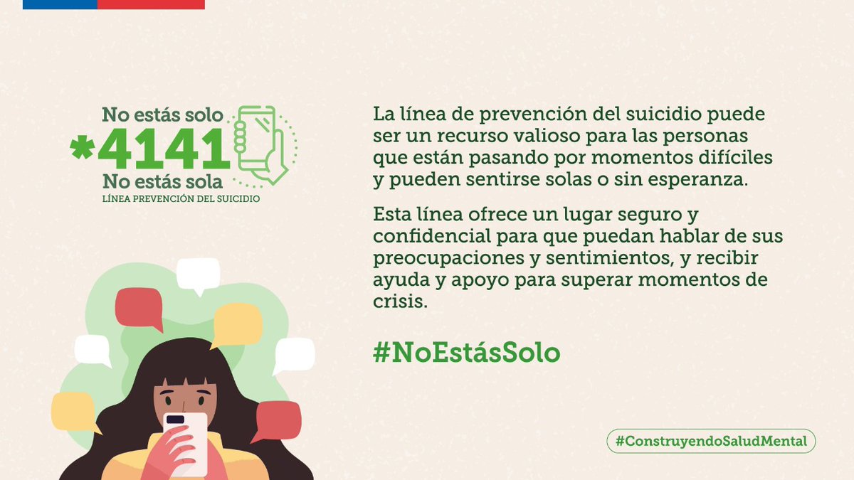 ✅El Ministerio de Salud cuenta desde hoy con la línea de prevención del suicidio *4141 no estás solo, no estás sola", iniciativa que forma parte del Plan "#ConstruyendoSaludMental" y del programa de gobierno.

Tomado de <a href="/ministeriosalud/">Ministerio de Salud</a>