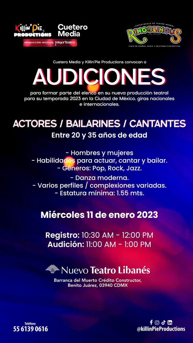KillinPie's tweet photo. #audiciones #CDMX #teatrolibanes #ringolingus #actores #cantantes #bailarines @ringolingus @CueteroMedia @JESSICAMATA https://t.co/3X7IGcykUO