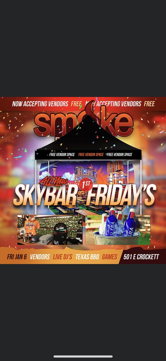 🚨FREE Vendor Space🚨 We are excited to introduce the ALL NEW SKYBAR 1st Friday's at Smoke BBQ+Skybar happening THIS FRIDAY January 6, 2023. We are now searching for Vendors and Spaces are FREE! Spots will go fast! (Contact info below) #TeamSmoke