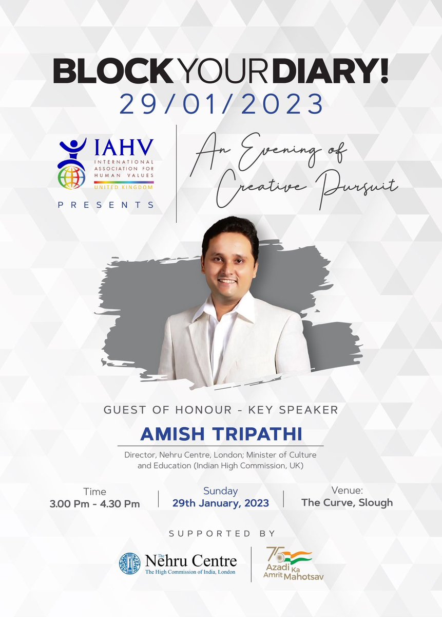 Start your new year with “Rendez-vous with Creativity” - an evening celebrating reading, writing &amp; all things creative.
Guest of Honour is Amish Tripathy (Celebrated Author; Diplomat &amp; Director of the Nehru Centre, London). The whole family is invited. eventbrite.co.uk/e/rendezvous-w…