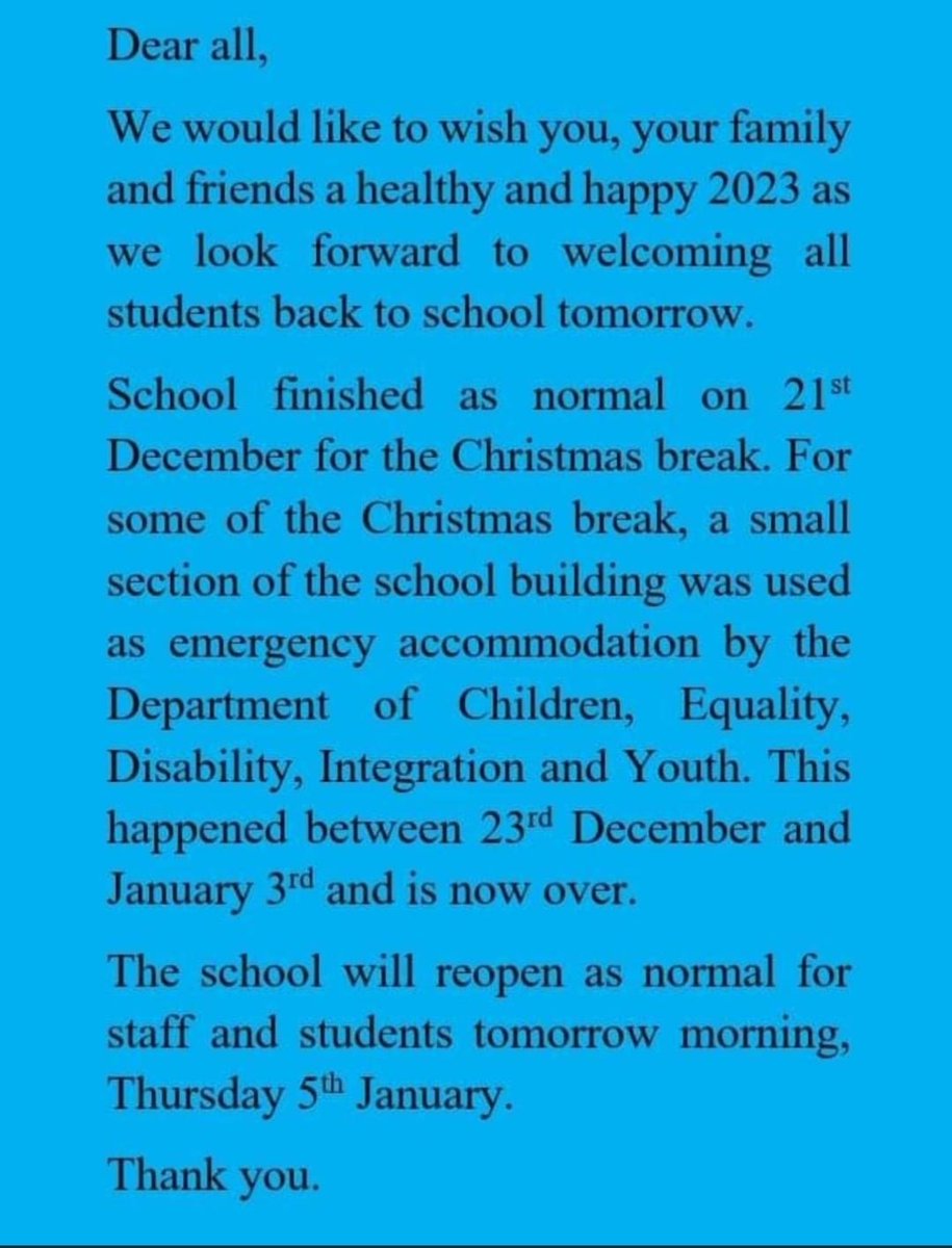 #Drimnagh where do I start? 
A local school did the decent thing and made its facilities available to a group of refugees over Christmas, when the school was closed.
Last night a bus load of contract cleaners were brought in to do a deep clean, to have it all ready for tomorrow.