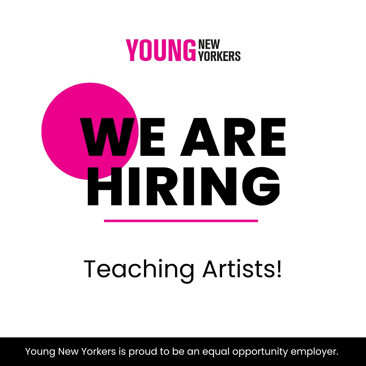 YNY is hiring! We are looking for a few practicing artists to join our growing teaching team as part-time collaborators. If you are a reliable soul, with a creative heart, please send us your resume/portfolio and a brief letter of interest to: careers@youngnewyorkers.org