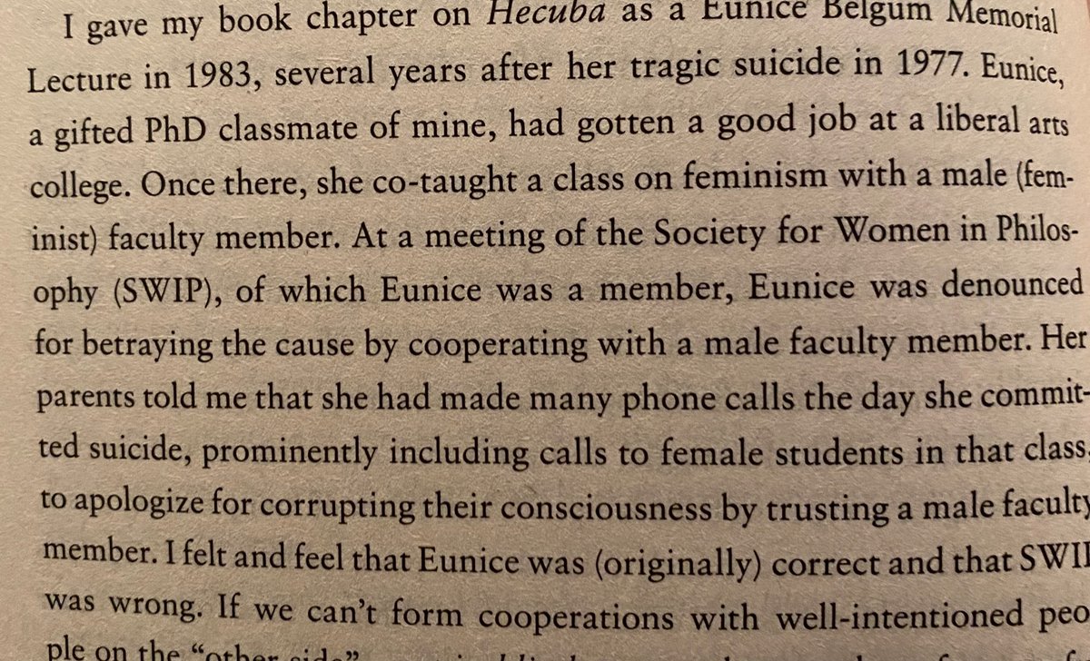 Academic feminist philosophers have a long history of professional bullying.

Martha Nussbaum’s recent book recounts how feminist philosophers/SWIP heaped so much scorn on a junior scholar for coteaching a seminar with a man, after which the junior scholar committed suicide.