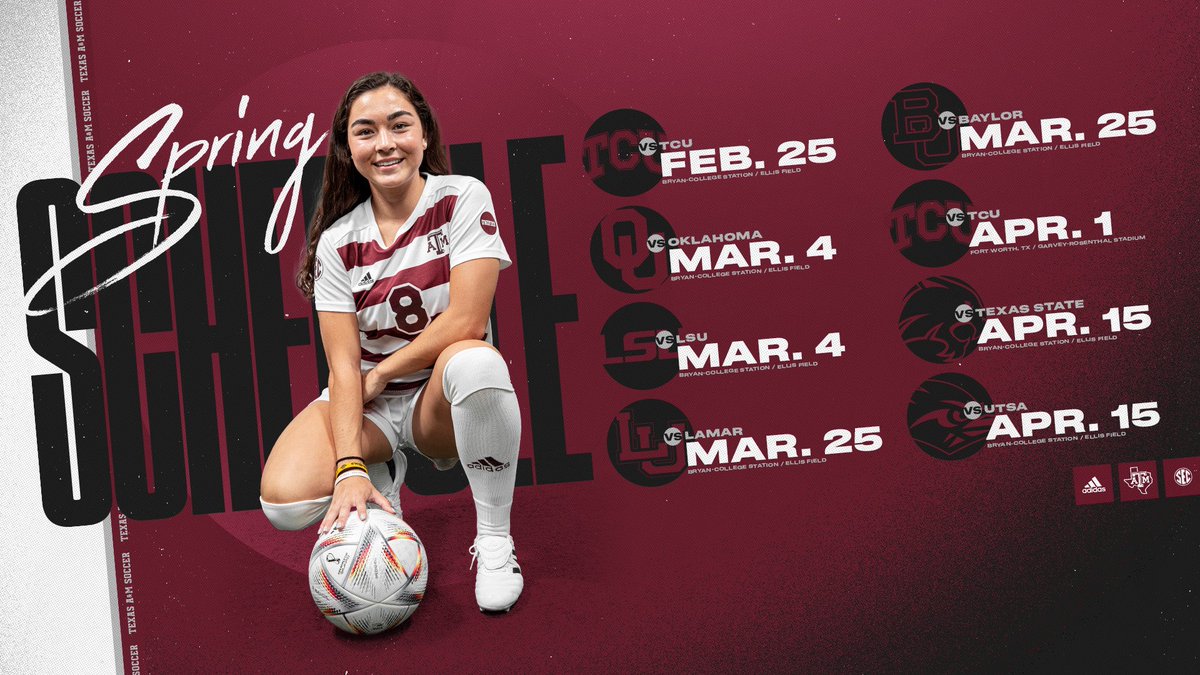 Spring will be here before you know it!

Dates and opponents are locked in.
Match times TBA. 

#GigEm | 👍