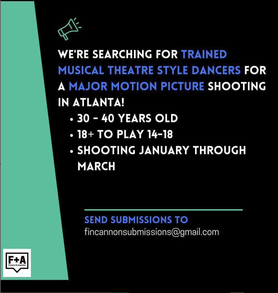 Fincannon & Associates Casting (@facasting) on Twitter photo We’re searching for trained musical theatre style dancers ages 30-40 and 18+ (to play 14-18) for a major motion picture! Please submit dance demo (in a Youtube or Vimeo link or downloadable format), headshot and city you’re based in to fincannonsubmissions@gmail.com ⭐️ We’re searching for trained musical theatre style dancers ages 30-40 and 18+ (to play 14-18) for a major motion picture! Please submit dance demo (in a Youtube or Vimeo link or downloadable format), headshot and city you’re based in to fincannonsubmissions@gmail.com ⭐️