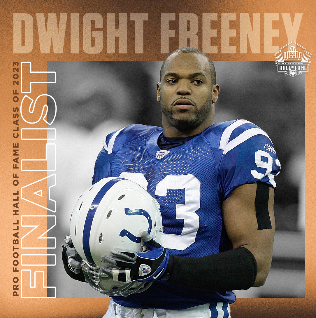 ProFootballHOF's tweet photo. .@dwightfreeney was a seven-time Pro Bowler and a Super Bowl Champion with the @Colts. 

Tonight, he becomes a Finalist for the Hall's Class of 2023! https://t.co/YtNyTjJXtd