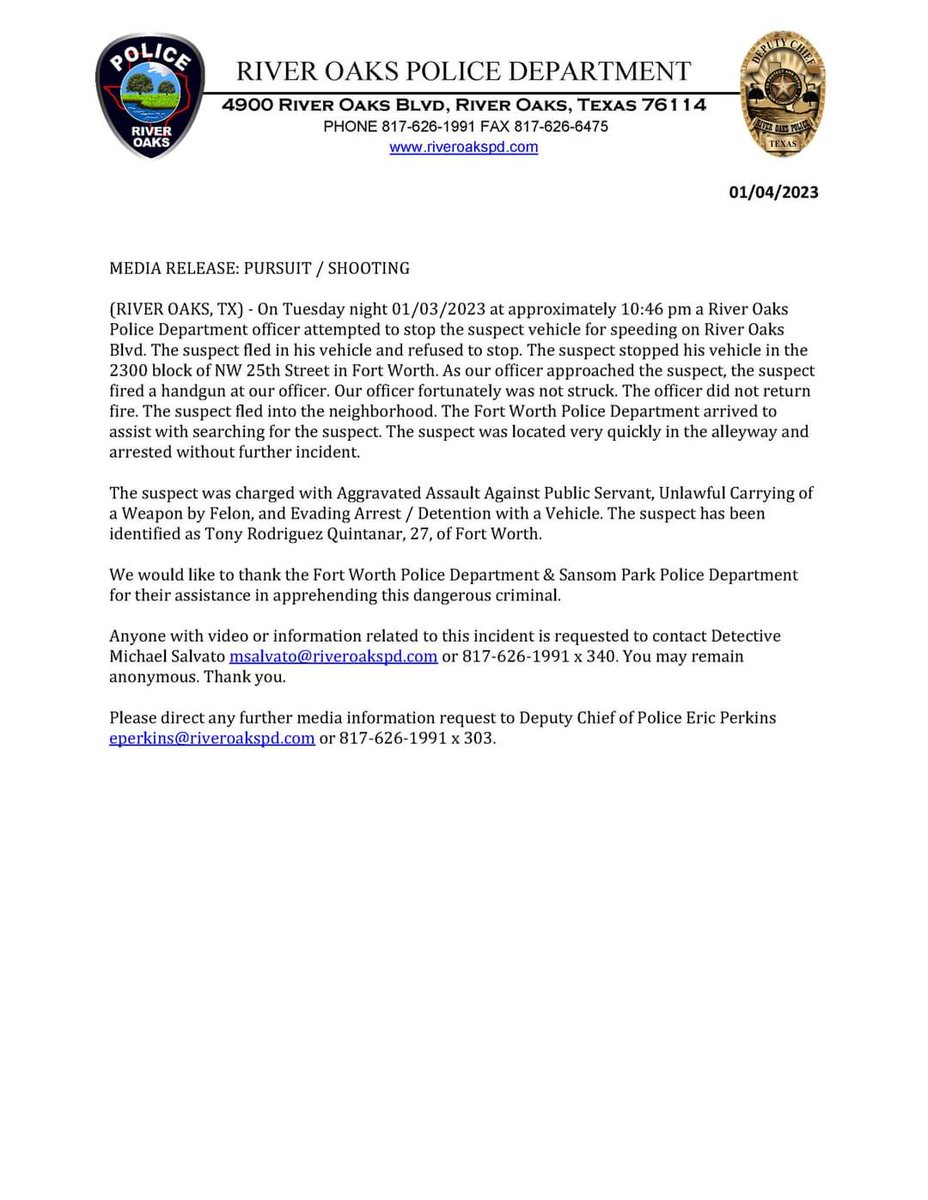 RiverOaksPolice's tweet photo. Press release from last night's pursuit/shooting. https://t.co/UJttFOo4be