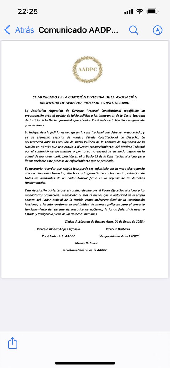 OSammartino's tweet photo. Declaración de la Asociación Argentina de Derecho Procesal Constitucional sobre el pedido de juicio político a la Corte del presidente y algunos gobernadores peronistas. https://t.co/QOankdtJ9K