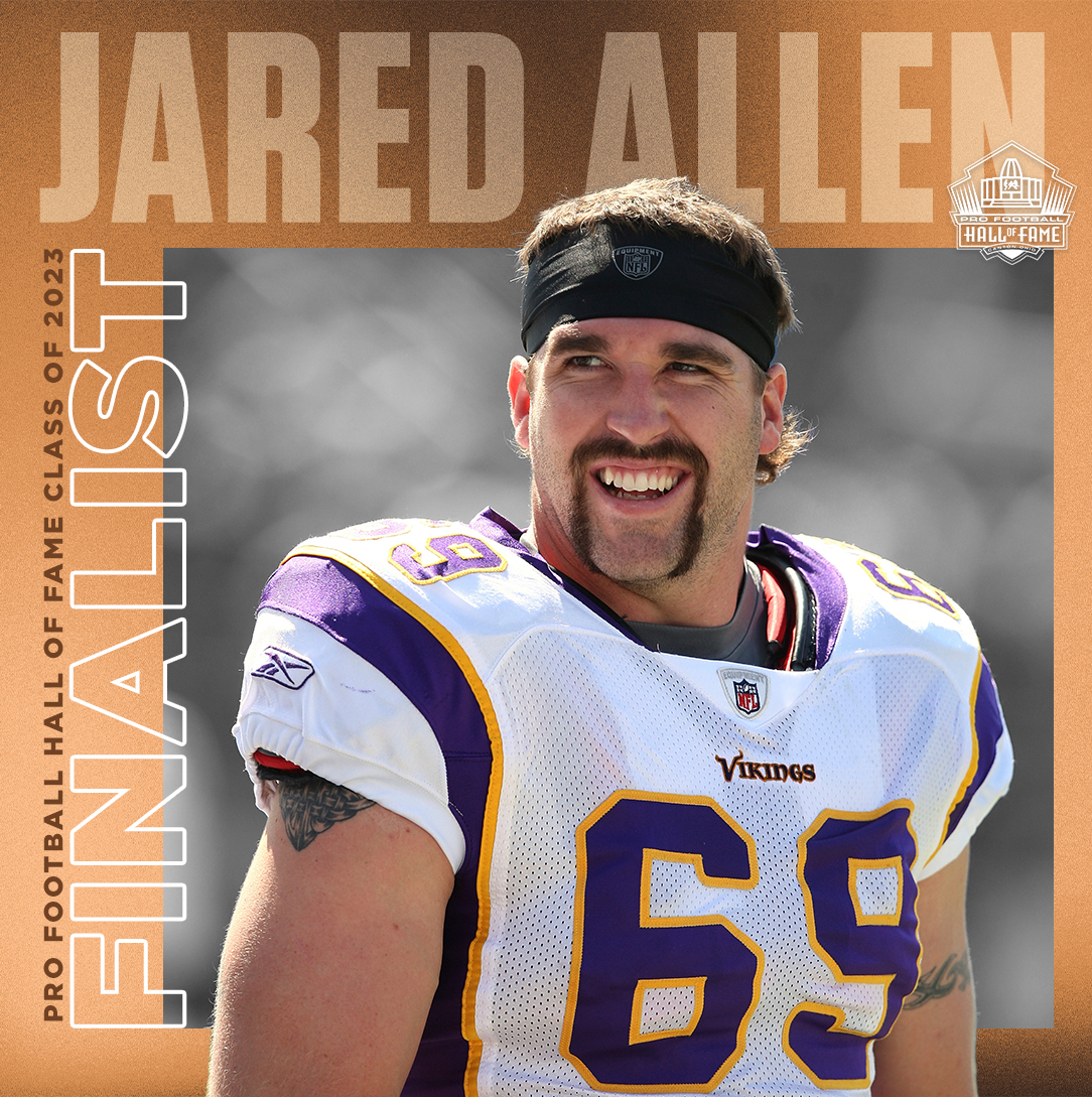 ProFootballHOF's tweet photo. He's already a member of the @Vikings' Ring of Honor.

Today, @JaredAllen69 becomes a Finalist for the Class of 2023! https://t.co/ygJXeAFVs3
