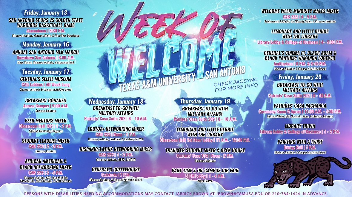 TAMUSAInvolved's tweet image. Check out the #WeekOfWelcome events schedule! 🤩 We hope to see our new and returning #Jaguars at the events beginning January 13th!🐾

Stay tuned for updated event information as we get closer to #WOW2023 😎🎉 

#JaguarWelcome #getinvolved
#TAMUSA #Back2School #JagFam