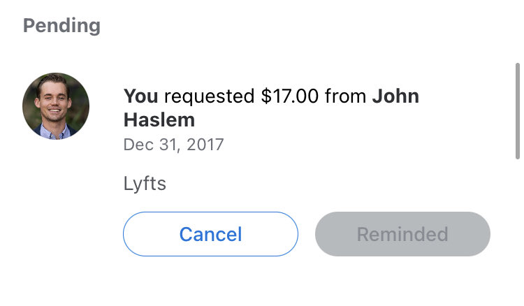 Bsmarshall's tweet photo. Happy belated anniversary to a NYE lyft Venmo request that john has kept pending for 5 years https://t.co/4jVGhe4wqU