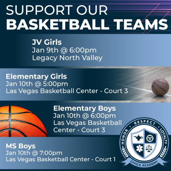 CIVICA_Academy's tweet photo. JV Girls Basketball from 6:00 PM to 7:00 PM on 01/09/2023 in Legacy North Valley https://t.co/GB1njZizmL https://t.co/pPLxNARVnr