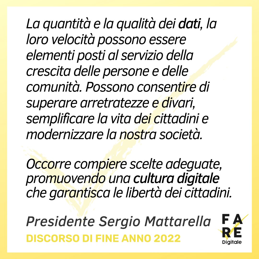 Fare_Digitale's tweet photo. #Discorso di Fine Anno del Presidente #Mattarella su #cultura #digitale, #dati e #tecnologia.

ISCRIVITI A FARE DIGITALE E SE SEI GIÀ SOCIO RINNOVA LA TUA ISCRIZIONE:
https://t.co/dzixkBOrvc https://t.co/amBYf2F7no