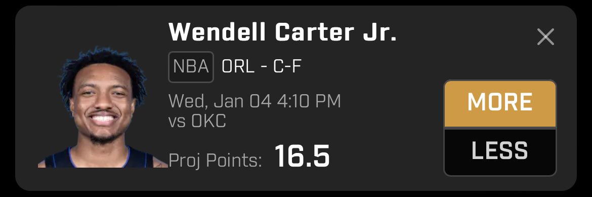 OrderDeclined's tweet image. POTD (3-3)

Wendell Carter Jr isn’t going to be on minute restrictions so he’s gonna get more playing time. OKC allows 2nd most points to PF and when he gets 30+ minutes he averages around 18 per game.