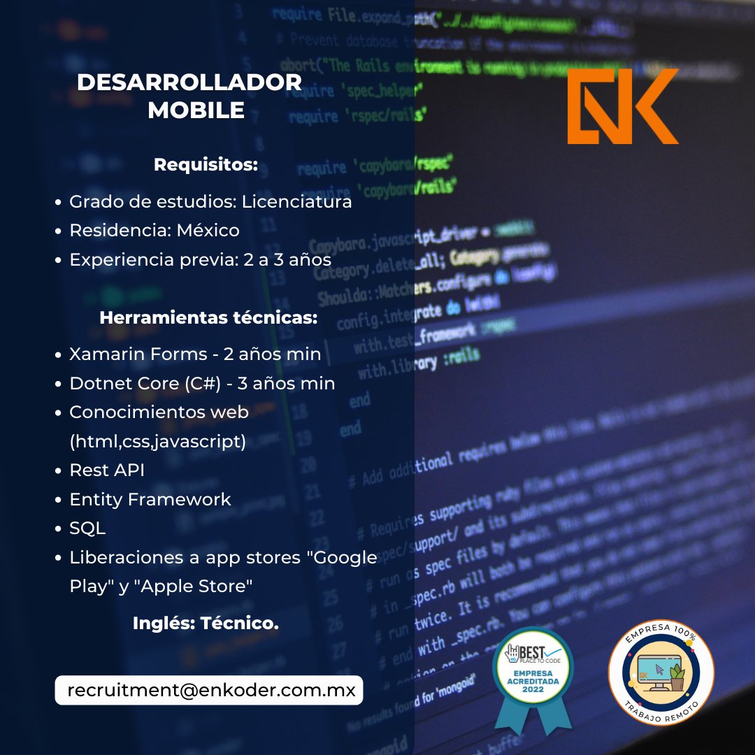 EnkoderD's tweet photo. "Desarrollador Mobile" ๐งโ๐ป๐ฉโ๐ป envรญanos tu CV a recruitment@enkoder.com.mx
#MobileDeveloper #mobiledevelopment #developer #softwareengineer #SQLServer #software #engineer #XamarinDeveloper #Xamarin #XamarinForms #recruitment #sql #cv #javascript #vacante #html #css #google #flextime https://t.co/nK06RzXSzd
