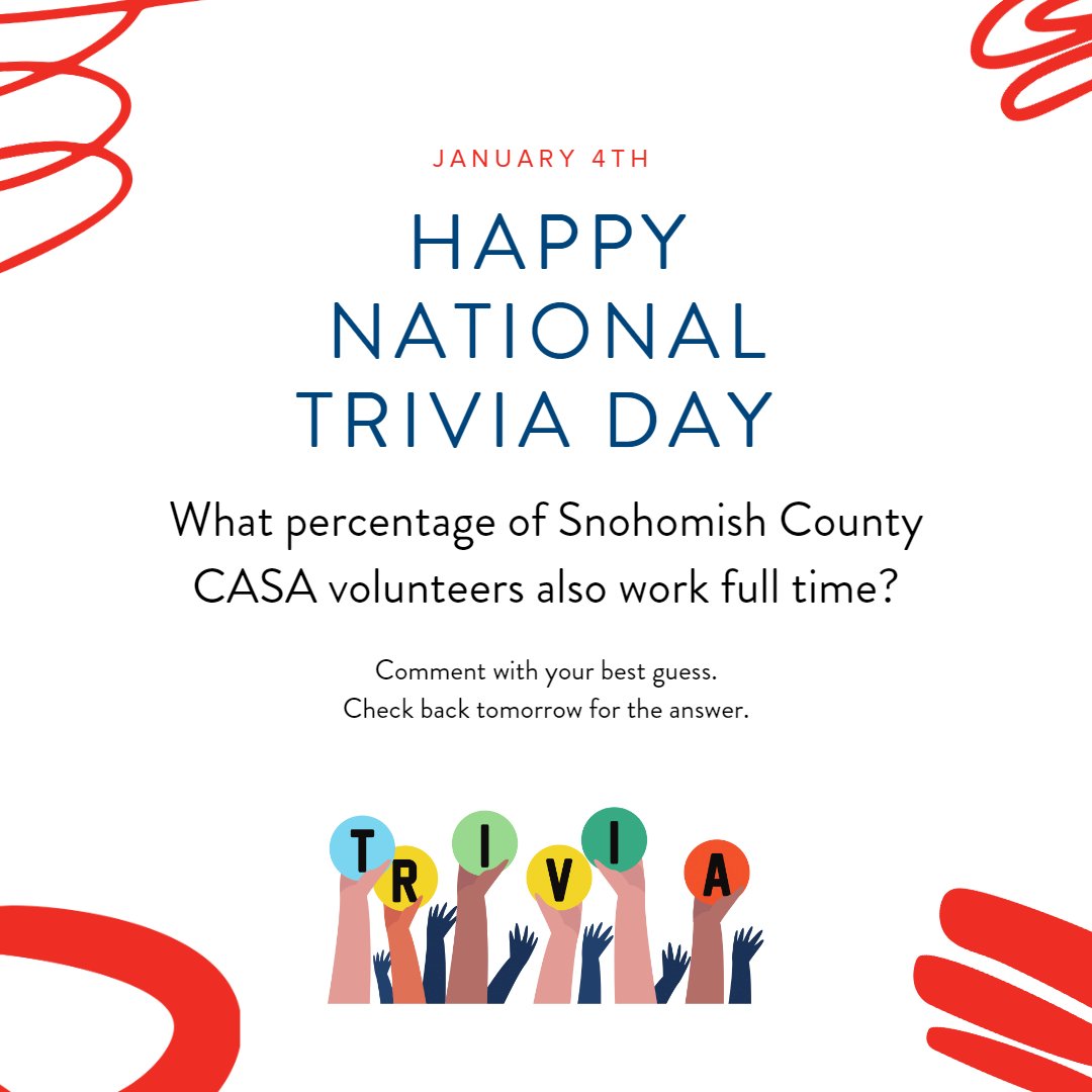 SnohomishCASA's tweet photo. Happy National Trivia Day!

What percentage of CASA volunteers in Snohomish County are also working full time jobs?

Comment below and check back tomorrow for the answer.

#trivia #NationalTriviaDay #casa #ChangeAChildsStory #casadifference #volunteer #volunteersmakeadifference https://t.co/WbOQ8DxgdB