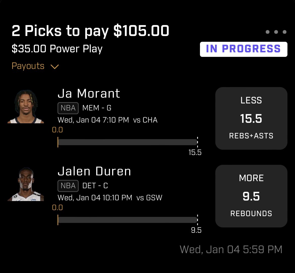 KTPicks400's tweet photo. Last slip of the day from me frfr, got the Ja Play from my boy @KevinNbb Go Light if Tailing 🔥
#PrizePicks #NBA #nbapicks #prizepicksnba #GamblingTwitter #globalpicks https://t.co/HiLDialmKv