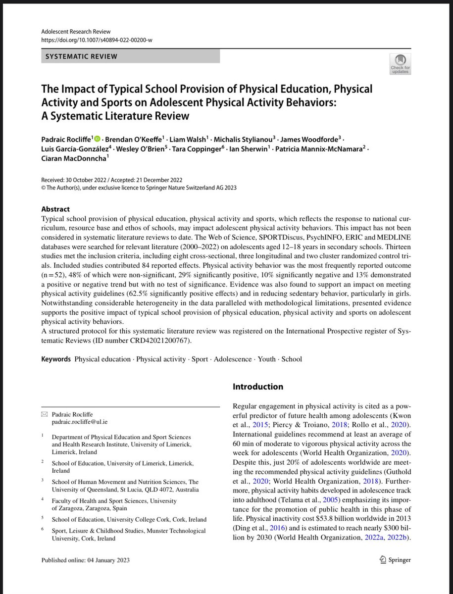 PadraicRocliffe's tweet photo. New Publication in the Adolescent Research Review ⬇️ 

Impact Factor 5.052 ✅ 

The Impact of Typical School Provision of Physical Education, Physical Activity and Sports on Adolescent Physical Activity Behaviors: A Systematic Literature Review! 

https://t.co/eUNQxR8Hnf https://t.co/f01XwaykZn