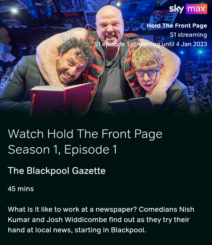 SteStevens's tweet photo. Join me, @MrNishKumar and @joshwiddicombe as they witness history in world of sideshow strength! Only on #holdthefrontpage on @skytv and @NOWTV_It #titan #sideshowstrongman https://t.co/S4vlgPnUSm