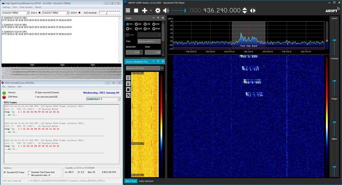 2023-01-04 20:13 UTC – Reception of telemetry from 🇳🇵#PocketCube SANOSAT-1 on 436.235 MHz in FSK 500 bd. Replay of recorded IQ wav with <a href="/airspy_com/">Airspy R2/Mini</a> R2 and UHF turnstile antenna in Thessaloniki, 🇬🇷.
<a href="/orionspacenepal/">ORION Space</a> <a href="/AmsatNepal/">AMSAT Nepal</a> <a href="/AmsatSpain/">AmSat-EA</a> <a href="/AMSAT/">AMSAT</a> <a href="/amsatf/">Amsat-f</a>   [1/2]