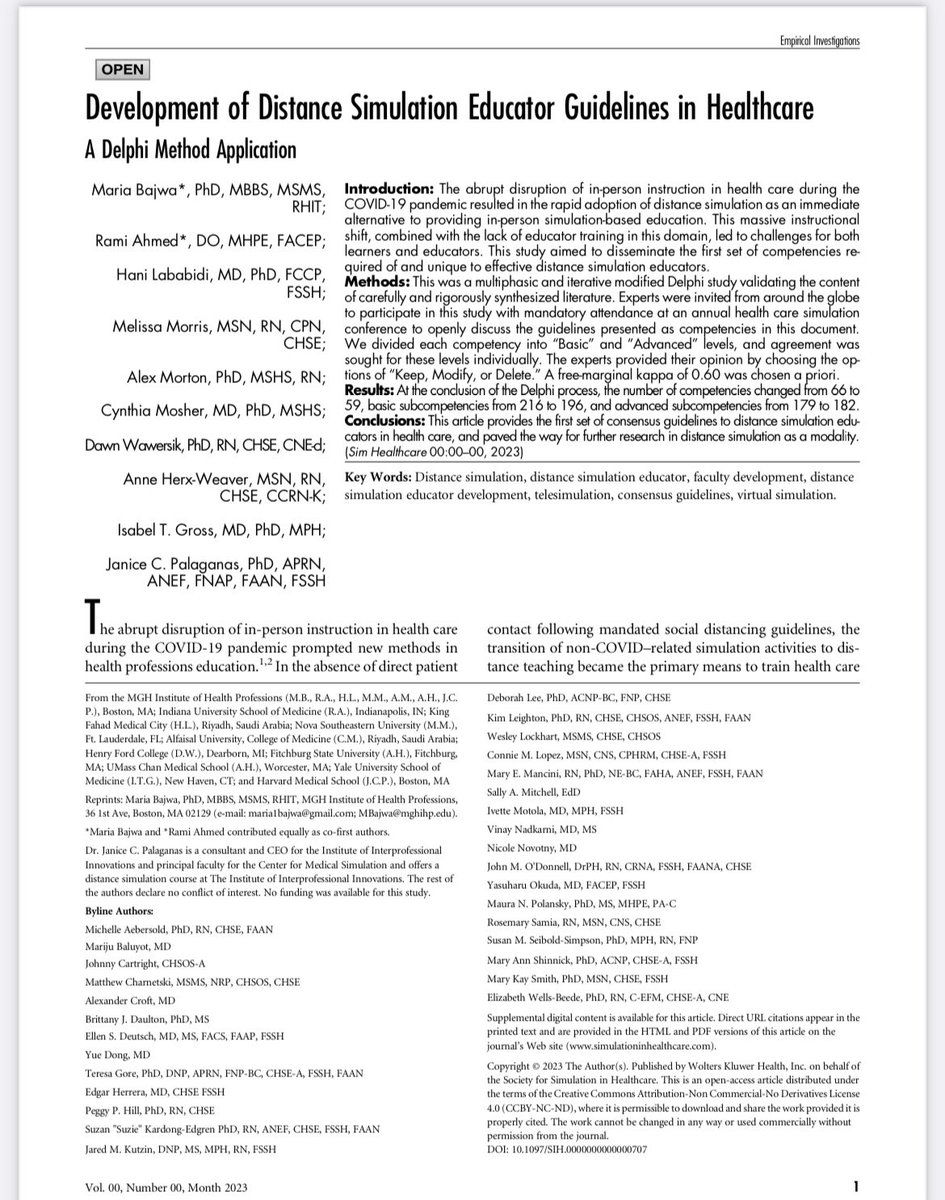 Very excited to have mentored Dr. Maria Bajwa as a co-first author on these landmark Distance simulation guidelines for the simulation community @JCPalaganas @HpedIhp journals.lww.com/simulationinhe… #DistanceSimulation This article is open access!! @SIHonline