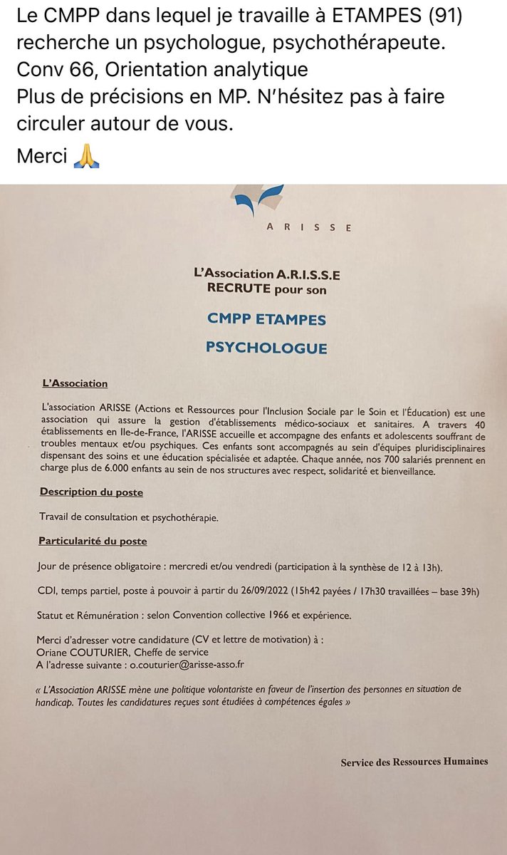 Via  Mélanie Coustel 
📌Offre d’emploi 
📌Proposition de poste de #Psychologue 
#CMPP Étampes 👇🏿