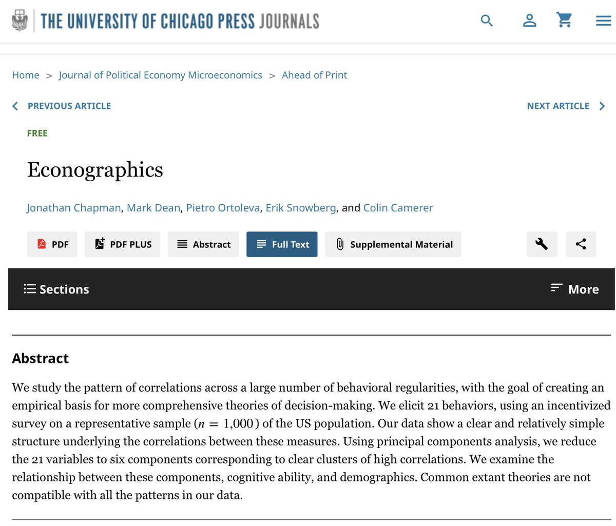 new JPE: Micro, our distillation of many #behavioraleconomics regularities from 21 measures —&gt; 6 components
<a href="/PietroOrtoleva/">Pietro Ortoleva</a> <a href="/chapman_econ/">Jonathan Chapman</a> <a href="/snowberg/">snowberg</a> 

YouGov representative US sample

Special thx to tireless editor <a href="/Econ_4_Everyone/">John A. List</a> 

journals.uchicago.edu/doi/10.1086/72…