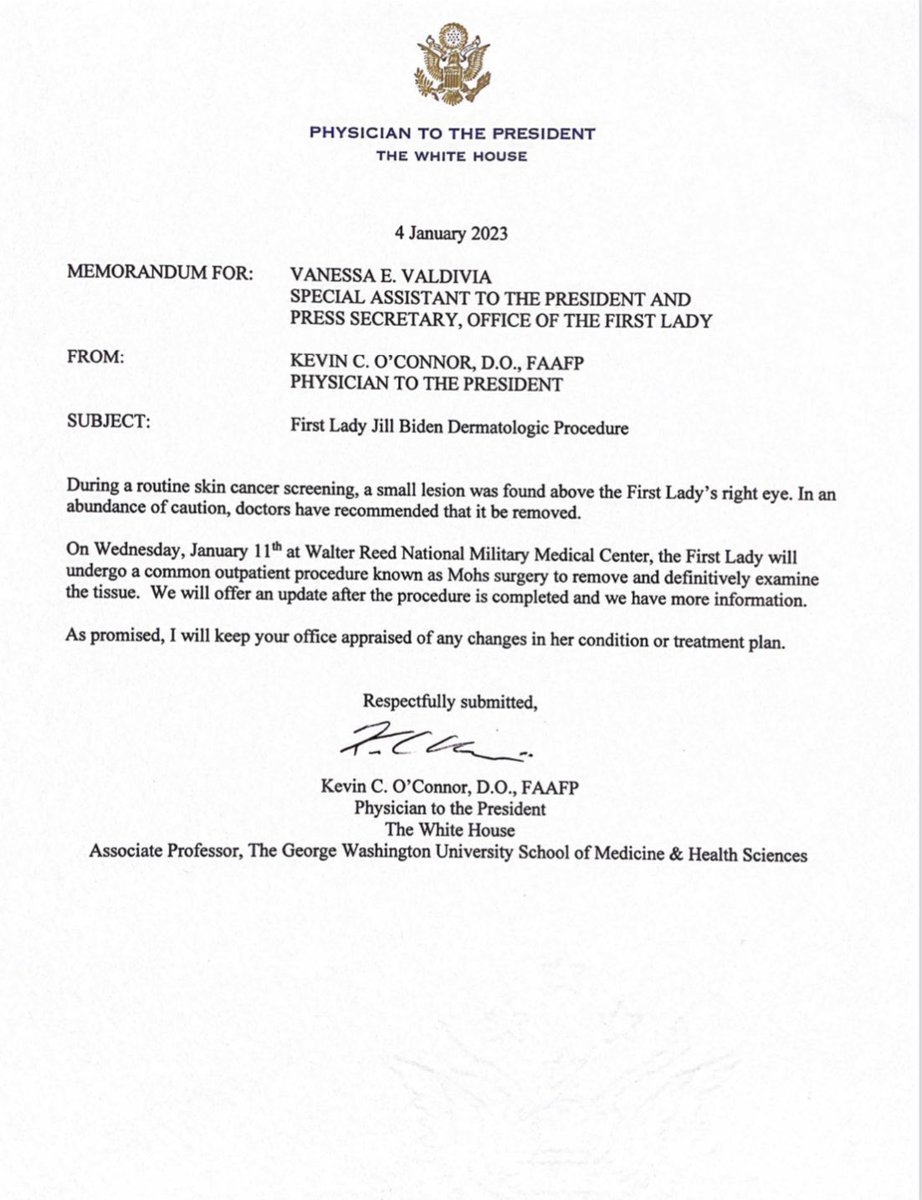 vvaldivia46's tweet photo. During a routine skin cancer screening, a small lesion was found above the First Lady’s right eye. Memo here from Dr. Kevin O’Connor, Physician to the President, with more information on the First Lady’s upcoming outpatient procedure to have it removed and examined. https://t.co/DIQrnjtZFc