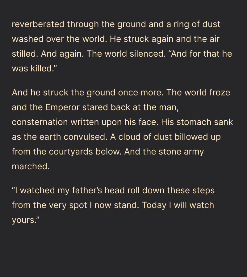 Flash Fiction #13 - Stone Soldiers

Posting #fantasy, #scifi, &amp; #horror daily at 6pm PST. Follow for more!

Read the previous story here: bit.ly/the-omen

#MustRead #AmReading #Reading #ReadingCommunity #WritingCommunity #writing #LookMomIWrite