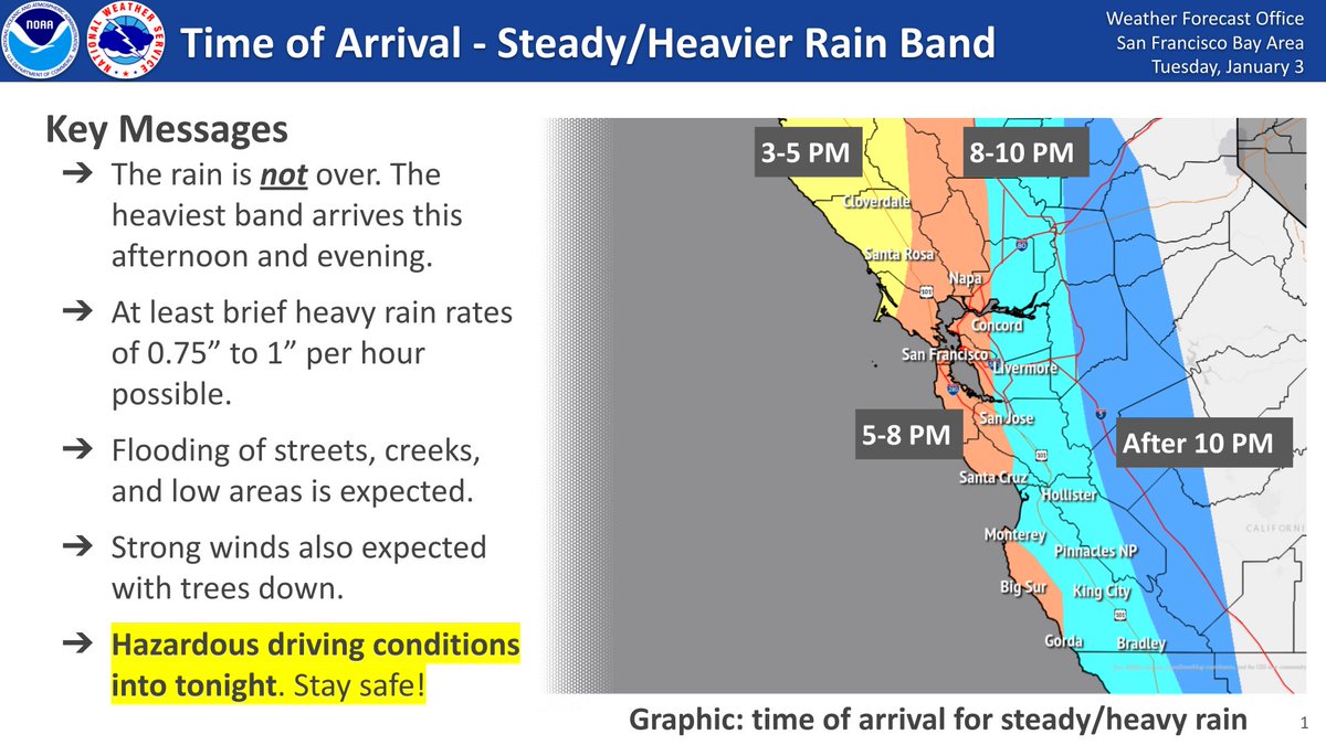 NWSBayArea's tweet photo. We know you're waiting on the heavier rain. It's coming. Here are approximate arrival times for the heavier rain band. Expect flooding concerns to increase later this afternoon into tonight across the area. Stay safe! #cawx https://t.co/11brmjqaD3