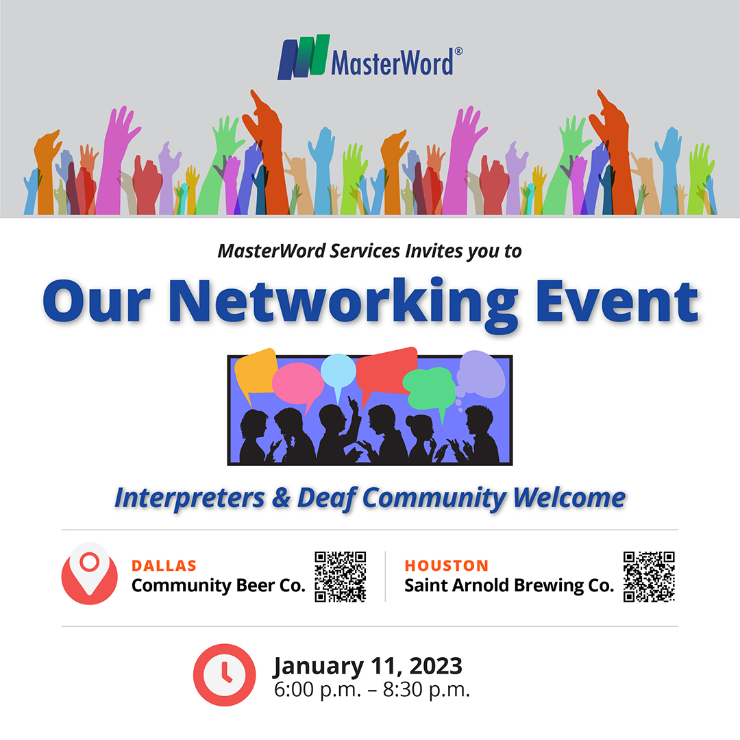 masterword's tweet photo. If you are an #ASLInterpreter, in the Interpreter Training Program or are from the #DeafCommunity in the Houston and Dallas areas, we invite you to join our #networkingevent on Jan. 11.

[ID] A group of people chatting. MasterWord invites you to Our Networking Event.

#MasterWord https://t.co/VcF3PjaL1w