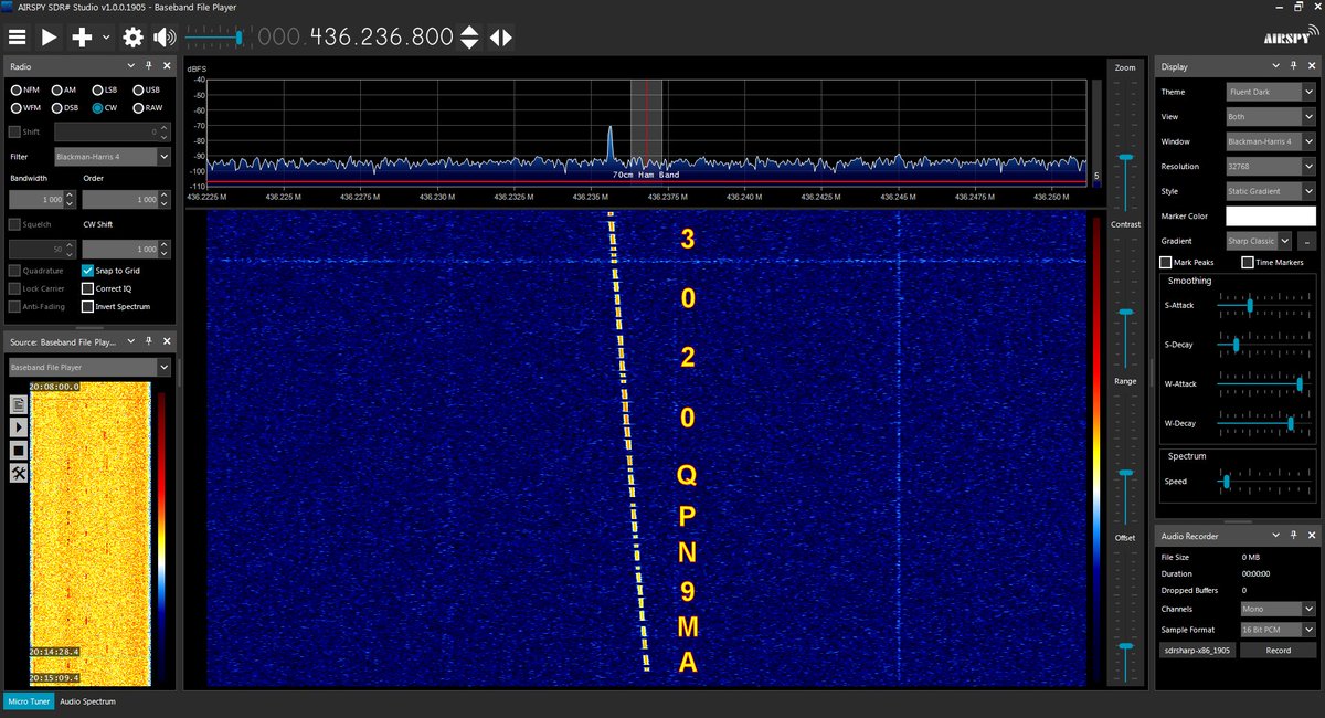 SV2HWM's tweet photo. 2023-01-04 20:14 UTC – Reception of the CW telemetry beacon from the 🇳🇵 #PocketCube SANOSAT-1 on 436.235 MHz. AM9NPQ 02034A5?61
Replay of recorded IQ wav with @airspy_com R2 and UHF turnstile antenna in Thessaloniki, 🇬🇷.
@orionspacenepal @AmsatNepal @AmsatSpain @AMSAT @amsatf https://t.co/k7puhPJKq3