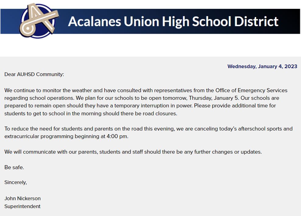 Update from AUHSD about after school activities scheduled for today: