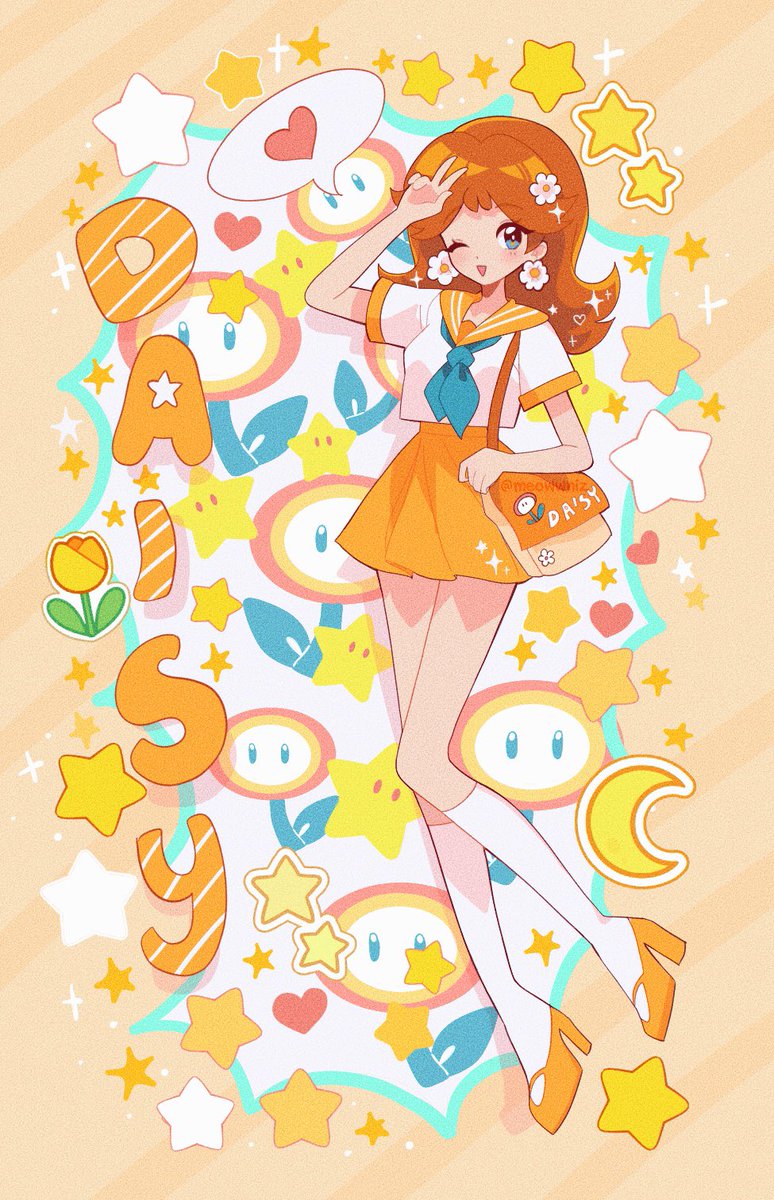 princess daisy 1girl orange footwear earrings orange skirt jewelry brown hair skirt  illustration images
