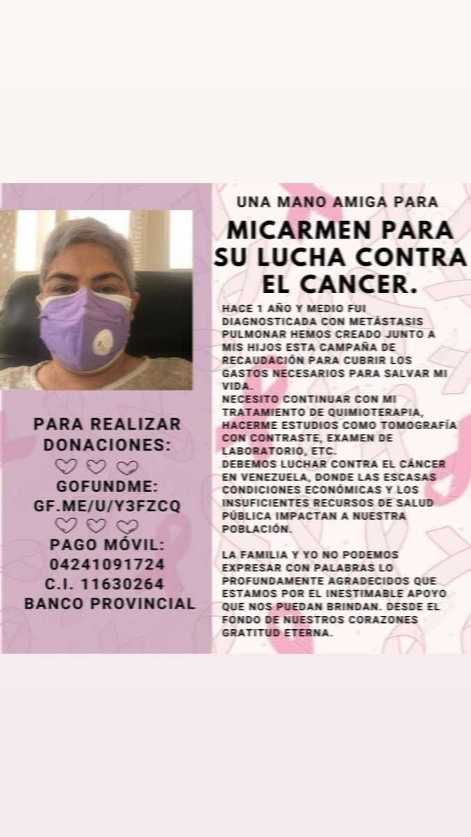 Micarmenlaprofe's tweet photo. Se que las cosas no están fáciles para nadie y aún más para una maestra con cáncer, el cáncer es una enfermedad espantosa, larga y muy costosa por esta razón te pido tu colaboración ya sea donando lo que puedas o dando RT a este mensaje gracias https://t.co/CKTgNwzm30
