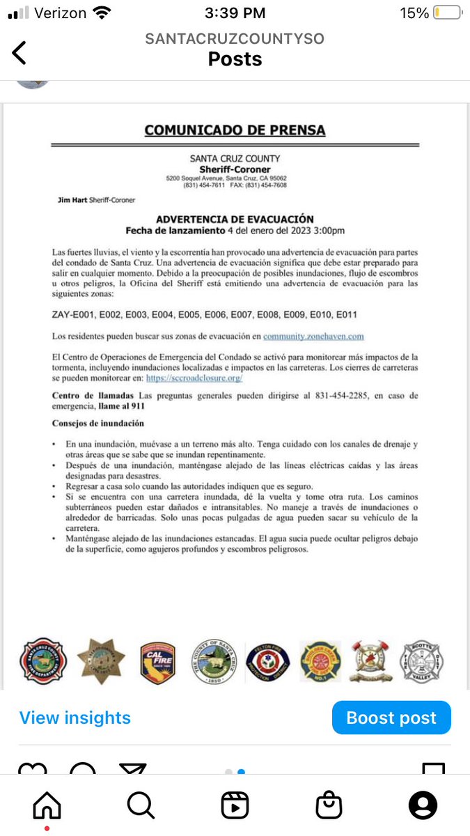 Santa Cruz SO (@santacruzso1) on Twitter photo ⚠️EVACUATION WARNING⚠️
January 4, 2023 3:00pm
Heavy rains, wind and runoff have prompted an evacuation warning for parts of Santa Cruz County.
Residents may look up their evacuation zones at community.zonehaven.com
<a href="/sccounty/">Santa Cruz County</a> <a href="/CALFIRECZU/">CAL FIRE CZU</a> ⚠️EVACUATION WARNING⚠️
January 4, 2023 3:00pm
Heavy rains, wind and runoff have prompted an evacuation warning for parts of Santa Cruz County.
Residents may look up their evacuation zones at community.zonehaven.com
<a href="/sccounty/">Santa Cruz County</a> <a href="/CALFIRECZU/">CAL FIRE CZU</a>