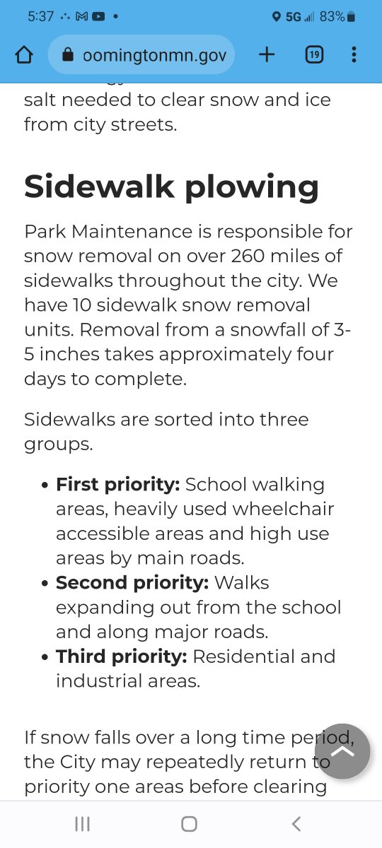 MelanieEng8's tweet photo. @robin4mpls @StarTribune It is an interesting concept. The city of Bloomington already has municipal snow removal and uses a tiered system to prioritize which sidewalks get shoveled first. Sidewalks may not be cleared until 4 days after a snowfall. Would we use something similar https://t.co/BZ0JsHkm5p