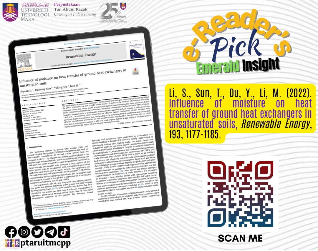 LibUiTMPenang's tweet image. Today's e-Reader's Pick is "Influence of moisture on heat transfer of ground heat exchangers in unsaturated soils."
Feel free to read by scanning the QR code given in the poster.
Thank you.
#LibraryForAll