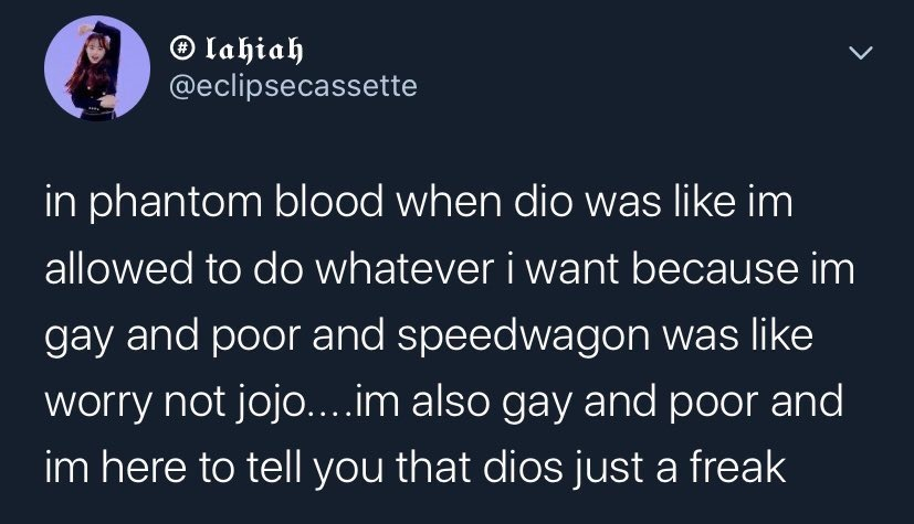 servalias's tweet photo. I've never watched a single episode of jojo nor read the manga but this tweet lives in my head rent free https://t.co/BWaf0Iy1xq