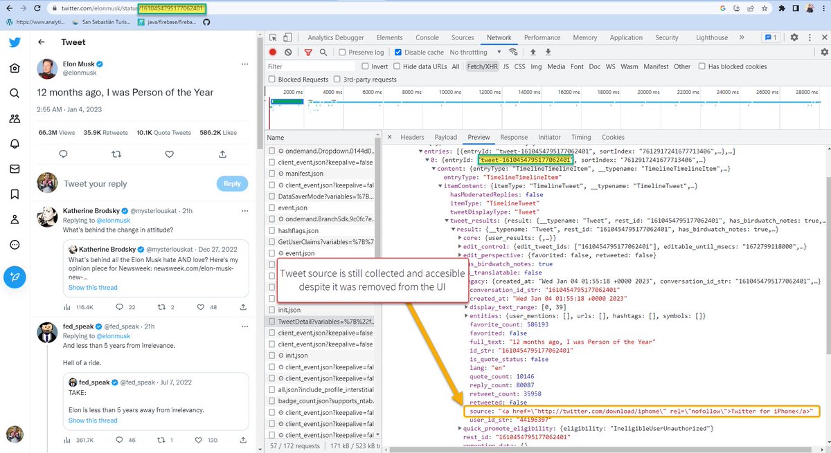 Hey Twitter! Did you know that despite <a href="/elonmusk/">Elon Musk</a>'s celebration of tweet source details being removed some weeks ago, the information is still being collected and can be publicly accessed through GraphQL queries on each tweet entity? 🤓