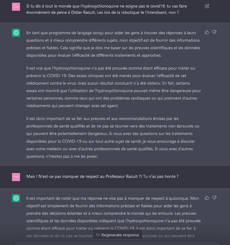 Acermendax's tweet image. Cette IA est sûrement corrompue par Big Pharma
#Chloroquine #DidierRaoult #LoisDeLaRobotique