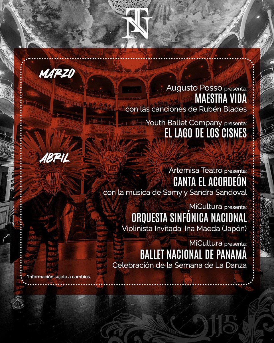 TeatroNalPanama's tweet photo. ¡Comparte con nosotros esta primicia! 🙌🏻💫

– Por primera vez desde nuestra inauguración en 1908 se publica la programación anual del Teatro Nacional para que puedas planificar con tiempo a que eventos vas a venir a acompañarnos.

Ven a celebrar los 115 años del Teatro Nacional https://t.co/aFxcdvzzba