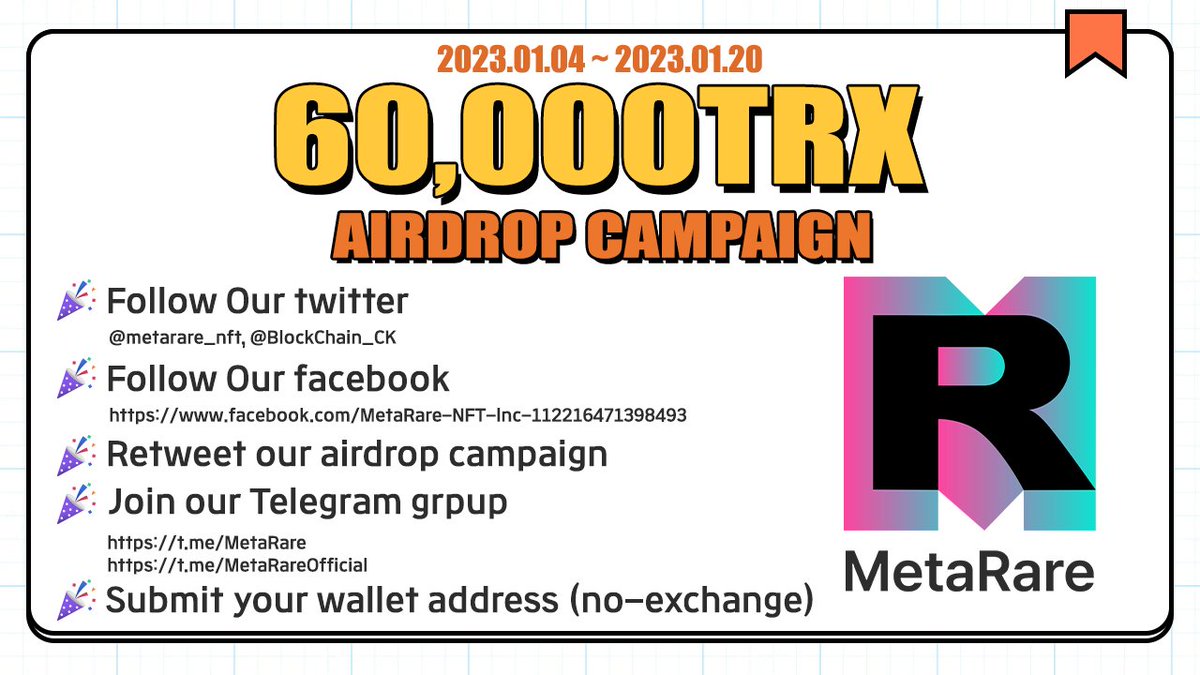#MetaRare is running a massive 60,000TRX #airdrop campaign in tokens!

Join our gleam competition:
🔗gleam.io/0d6lc/metarare

Follow all the rules and tag your friends to join the airdrop campaign!

#NFTs #exchange