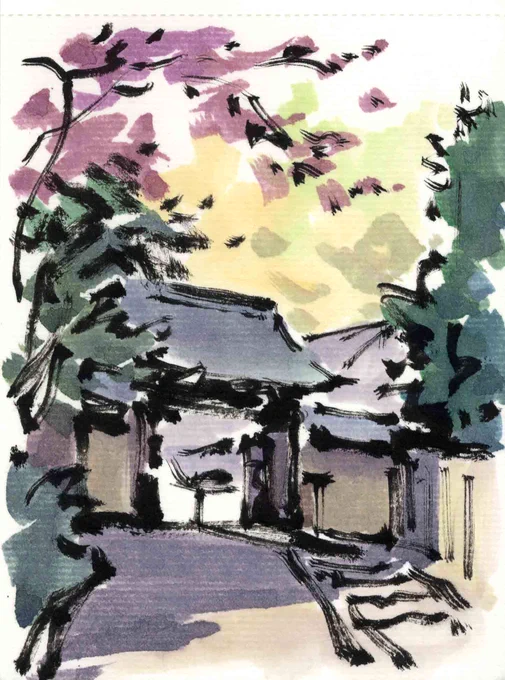 紅葉の山門 筆ペンと水彩 