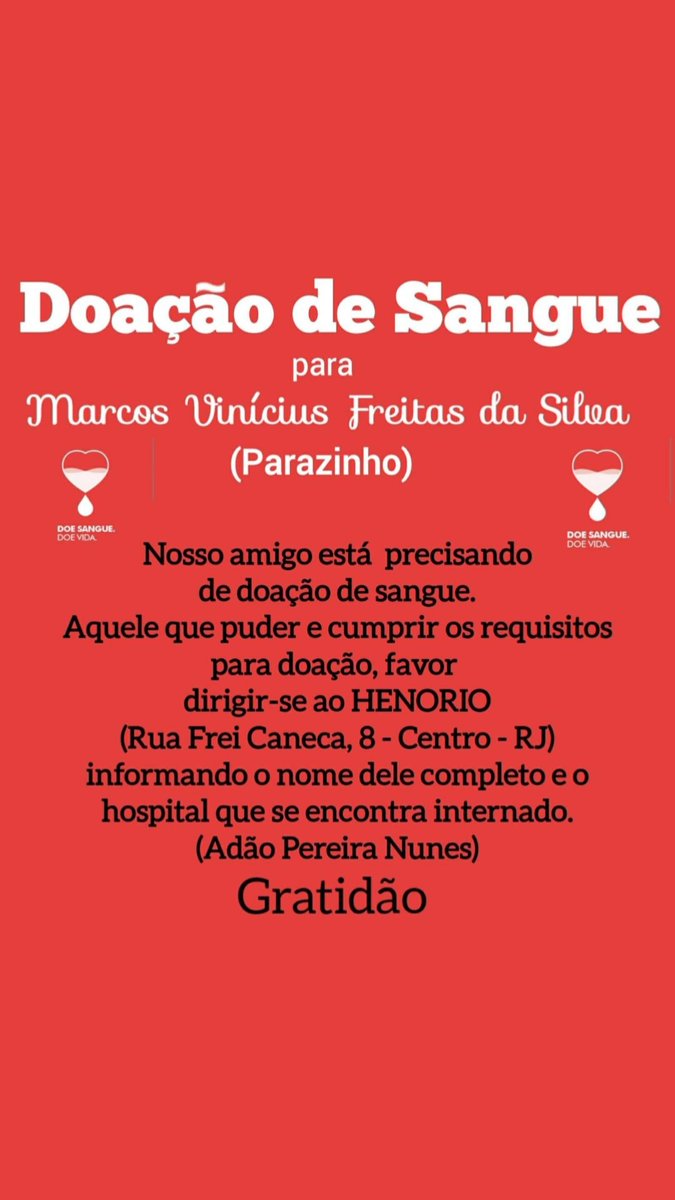 DhuliaMayara's tweet photo. Galerinha  como todos sabemos Vinicius ( Parazinho) sofreu acidente no Natal e está  precisando de doação  de sangue, quem puder  ajudar doando sangue ou compartilhando estará  ajudando muito . https://t.co/2M6GO8e1EW