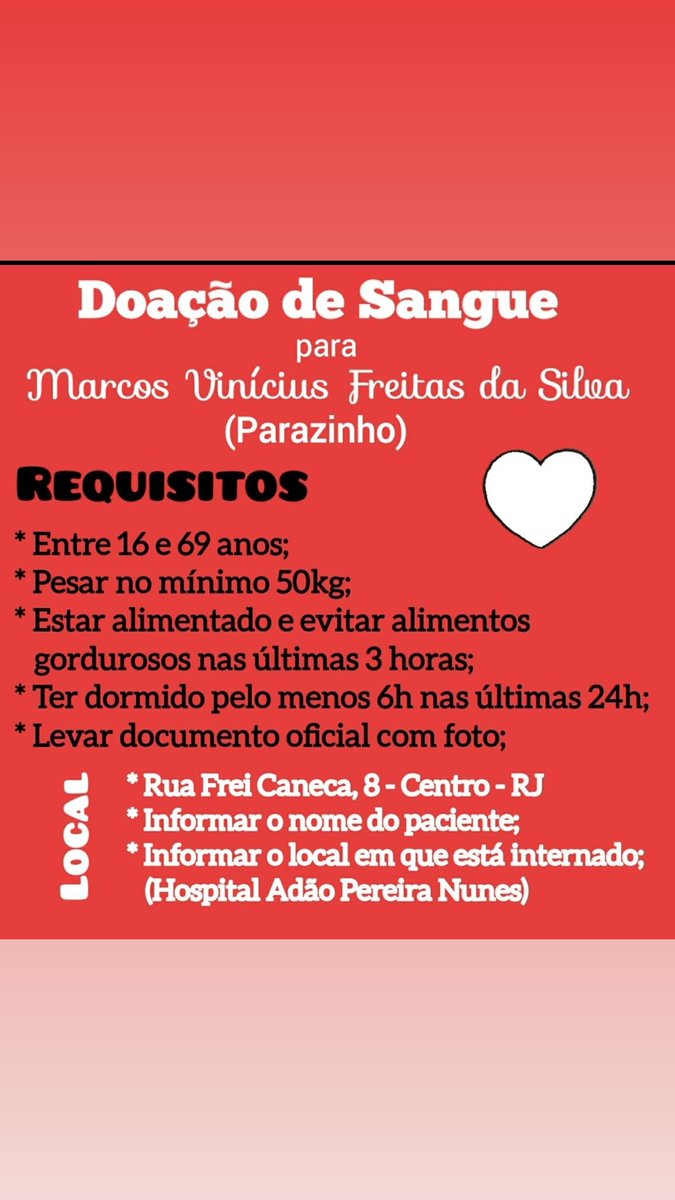DhuliaMayara's tweet photo. Galerinha  como todos sabemos Vinicius ( Parazinho) sofreu acidente no Natal e está  precisando de doação  de sangue, quem puder  ajudar doando sangue ou compartilhando estará  ajudando muito . https://t.co/2M6GO8e1EW