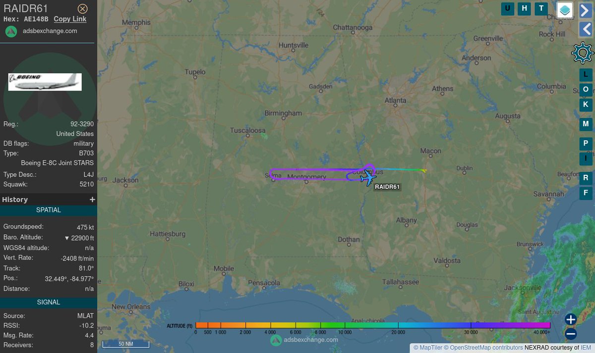 TheIntelFrog's tweet photo. USAF E-8C Joint STARS #AE148B as RAIDR61 shifted its orbit to over central Alabama this afternoon as its normal orbiting area in south central GA was occupied by some nasty weather. https://t.co/c1Gzw6xaa9