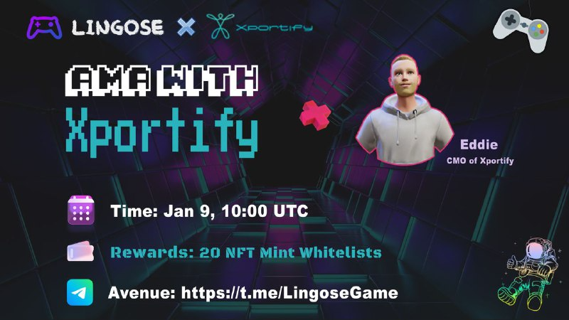 📣📣📣 AMA with <a href="/Xportify_/">Xportify | AR Fitness 3.0</a> Metaverse 1st AR &amp; AI Fitness-To-Earn RPG Game 🏋️ Earn👩🏻‍🤝‍👨🏼Free to play  

⏰ Jan 9, 10:00 UTC
📍t.me/LingoseGame

🙌 Complete gleam tasks and 20 #NFT Mint #WhitelistGiveaway 🎁

🔗 gleam.io/56Rk8/ama-with…
