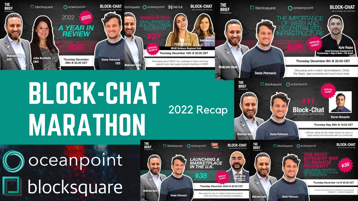 blocksquare_io's tweet image. We started #Blockchat as an &apos;Ask Us Anything. #Defi. #RealEstate. #Tokenization.&apos; and without noticing we are now in our 40s.
Here is a recap of all what happened in 2022 and was aired through that time.

It&apos;s gonna be a marathon, so lean back and enjoy the show. 🍿

Tune in now!