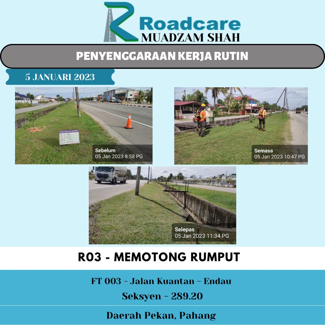 👷🏻‍♂️ #TeamRoadcareMuadzam 🚧
Penyenggaraan Kerja Rutin
R03 - Memotong Rumput

05 Januari 2023
FT 003 - Jalan Kuantan - Endau
Seksyen - 289.20
Daerah Pekan, Pahang

<a href="/JKRMalaysia/">JKR Malaysia</a> 
<a href="/JKRPAHANG/">JKR PAHANG</a> 
<a href="/JKRPekan/">JKR PEKAN</a> 
<a href="/Roadcare_HQ/">ROADCARE (M) SDN BHD</a> 
<a href="/Roadcare_Phg/">ROADCARE PAHANG</a>
